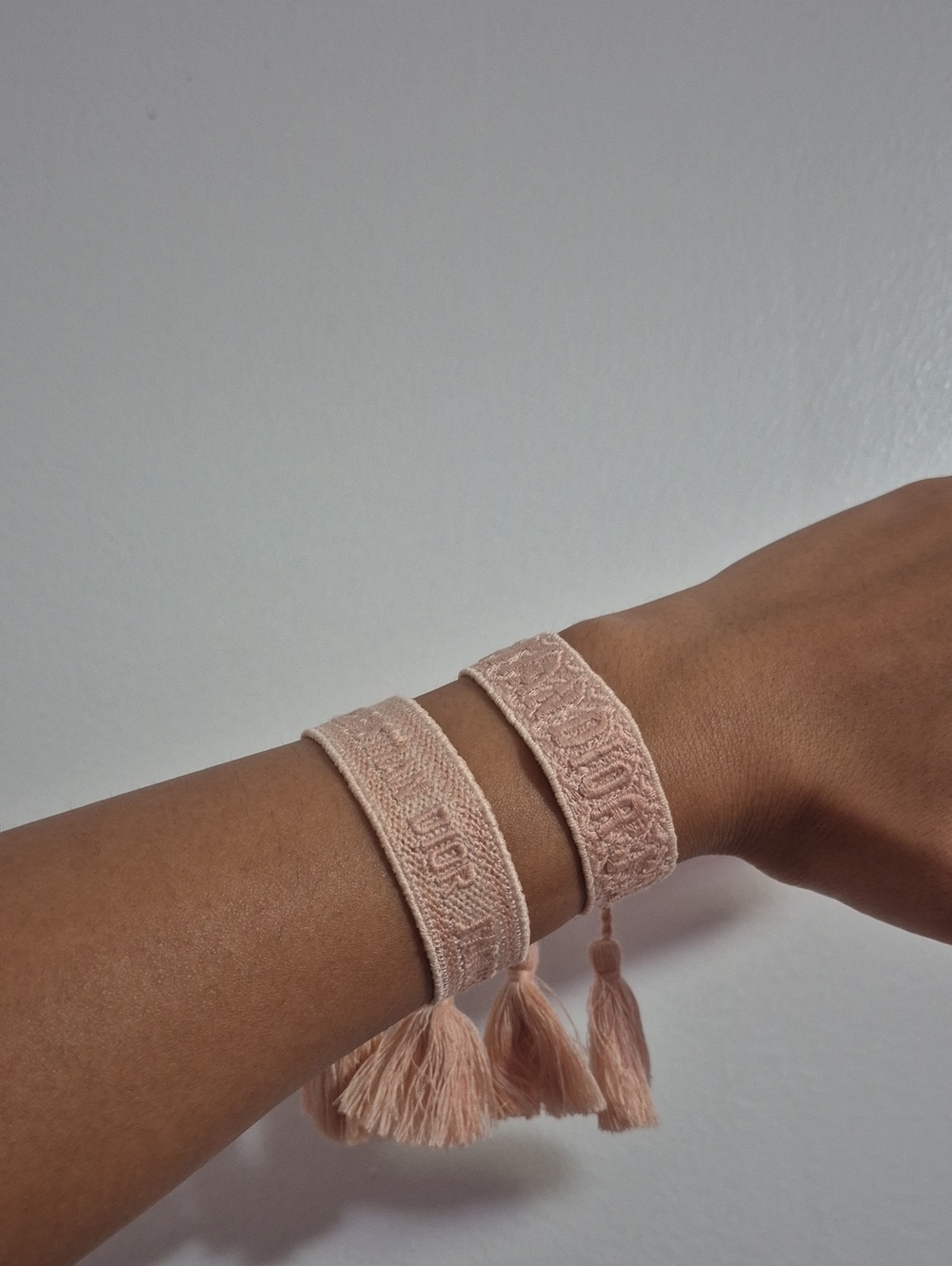 Set of 2 Luxurious Baby Pink Tassel Embroidered Adjustable Wrist Bracelets